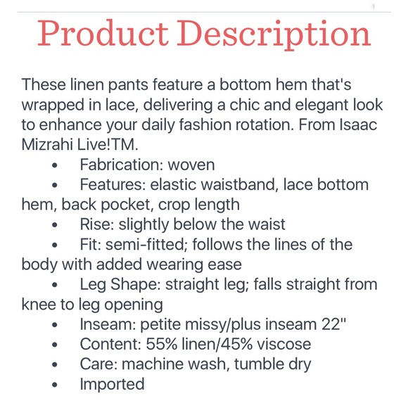 NWT Isaac Mizrahi Live Bridgehampton Linen Nlend Pant 10P - Picture 7 of 7